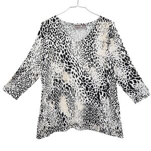 Chico's Women Tunic Top Mixed Animal Print V-Neck 3/4 Sleeve Sharkbite Hem 3  XL